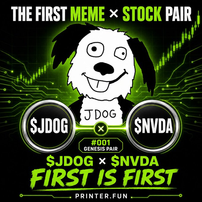 A meme-styled promotional graphic featuring a black and white cartoon dog with the text "THE FIRST MEME × STOCK PAIR," showing "$JDOG × $NVDA #001 GENESIS PAIR FIRST IS FIRST" with a stock chart background and "PRINTER.FUN" at the bottom.