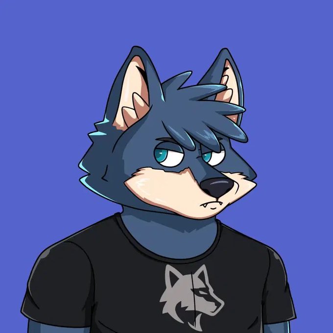 An anthropomorphic blue wolf character with a sleepy expression wears a black t-shirt featuring a matching wolf logo. The illustration fits perfectly with the post's announcement of a new wolf-themed profile picture, celebrating the user's entry into the WolfSwap community.