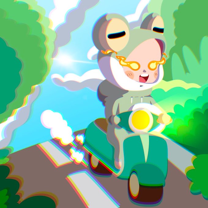 A cheerful cartoon frog wearing a green frog-themed hoodie and round yellow glasses rides a teal scooter through a vibrant green forest path, beaming with a wide open-mouthed smile as sunlight flares behind it, matching the playful "Boy" NFT collection mint promotion on OpenSea.