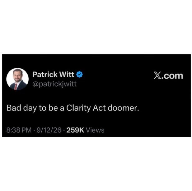 A screenshot of an X.com tweet by Patrick Witt (@patrickjwitt) reading 'Bad day to be a Clarity Act doomer,' posted at 8:38 PM on 9/12/26 with 259K Views.
