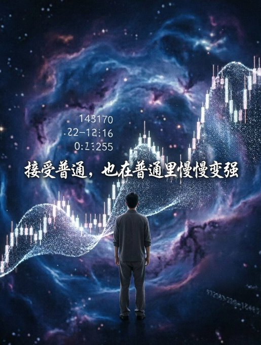 An artistic image of a person standing facing a cosmic, nebula-like background overlaid with a stock candlestick chart and Chinese text reading '接受普通，也在普通里慢慢变强' (Accept being ordinary, and slowly become stronger within the ordinary).