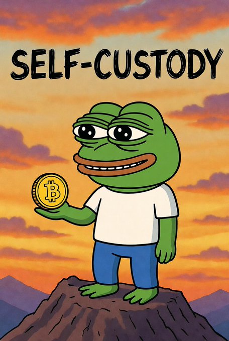A cartoon illustration of a Pepe-style frog standing on a rocky hill at sunset, holding a Bitcoin coin, with the bold heading 'SELF-CUSTODY'.