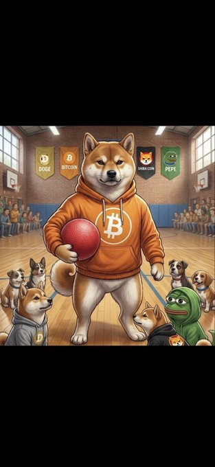 The image features a cartoonish illustration of a Shiba Inu dog wearing an orange hoodie, holding a red ball, standing next to other dogs dressed similarly with hoodies. The background shows a basketball court where several people are watching the scene unfold. The caption on the image reads "$DOG is big dog of the club." This suggests that the illustration might be related to a sports event or gathering involving dogs and their owners.