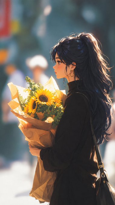 An anime-style illustration of a girl with dark hair in a high ponytail, wearing a black top and carrying a black shoulder bag, holding a bouquet of sunflowers wrapped in paper.