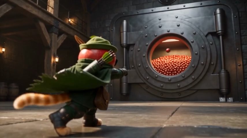 A whimsical red character dressed as a forest archer (Robin Hood-style) runs toward a large metal vault door filled with red berries or pellets.