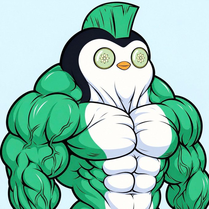 A muscular green-and-white anthropomorphic penguin with an oversized buff body, a star-shaped pattern in its eyes, and a green mohawk stares forward, fitting a playful "Gm let's have an awesome day" vibe—though no text, numbers, or tickers appear in the image.