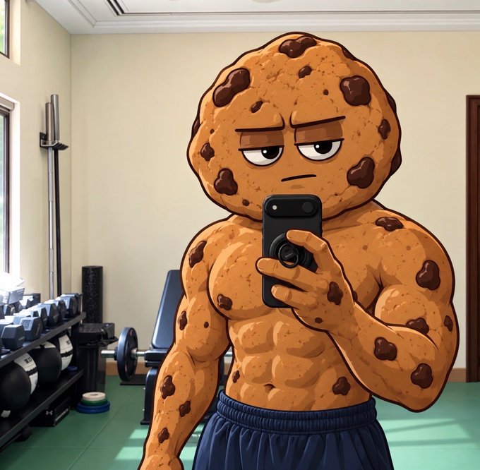 An anthropomorphic chocolate chip cookie with a muscular physique takes a mirror selfie in a gym, wearing blue shorts and displaying a stoic expression. The image humorously visualizes the "coldest cookie breathing" caption by depicting the cookie as a buff, unbothered fitness figure capturing its own gym moment.