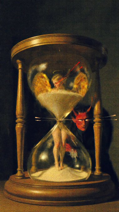 The image features a glass hourglass with an angel inside, surrounded by a devil's face. The angel appears to be walking away from the devil while the devil watches. The scene seems to be set against a dark background or shadow, which emphasizes the contrast between the angel and devil. The post includes text that reads "What a week. A fourth @JenPanepinto collected TICKING AWAY for !!!I am so honored you rockstar". This message is related to the image as it seems to be a reference to the artist's collection of images featuring the angel and devil, possibly as part of an art project or social media post.
