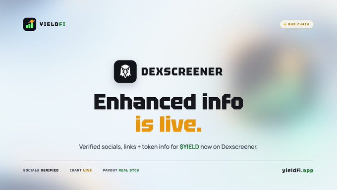 A promotional banner for "YIELDFI" with the "DEXSCREENER" logo, announcing "Enhanced info is live" for the $YIELD token, featuring the tagline "SOCIALS VERIFIED, CHART LIVE, PAYOUT REAL BTCB" and "yieldfi.app."