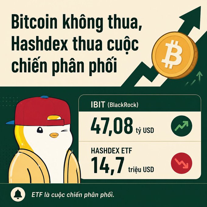 A Vietnamese infographic titled 'Bitcoin không thua, Hashdex thua cuộc chiến phân phối' comparing BlackRock's IBIT ETF ($47.08 billion) against Hashdex ETF ($14.7 million).