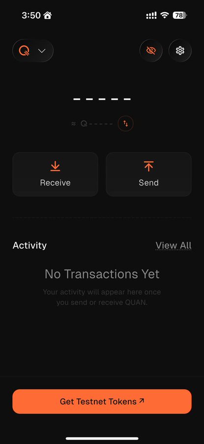 A screenshot of a cryptocurrency wallet app showing a QUAN address with options to 'Receive', 'Send', and a 'Get Testnet Tokens' button.