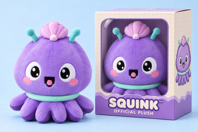 A purple octopus plush named "Squink" with a pink seashell crown and teal collar is displayed both loose and in its official packaging box labeled "SQUINK™ OFFICIAL PLUSH," promoting the pre-order launch at $39.99 before Christmas.