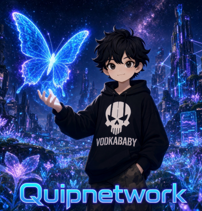 An anime-style illustration of a character wearing a black hoodie labeled 'VODKABABY' with a skull logo, holding a glowing blue butterfly, with 'Quipnetwork' text overlaid at the bottom.