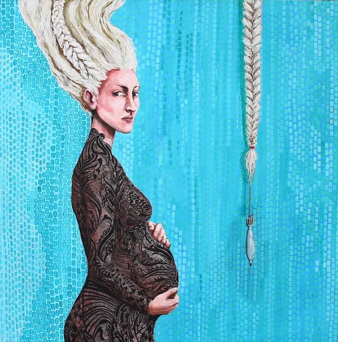 A surreal painting depicts a pregnant woman with braided blonde hair flowing upward, wearing a black lace bodysuit, standing against a textured turquoise background with a separate braid hanging on the right.