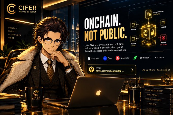 A promotional graphic for CIFER featuring an anime-style character in glasses and a suit, with the headline 'ONCHAIN. NOT PUBLIC.' and supporting text explaining that CIFER SDK lets EVM apps encrypt data before writing it onchain, listing Ethereum, Base, Avalanche, and Robinhood.
