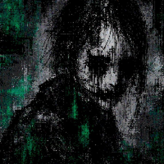 A dark, heavily pixelated digital art portrait of a hooded figure rendered in black and green glitch-like pixels.
