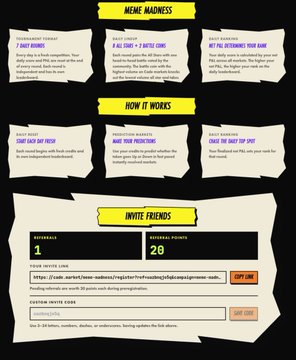 The image is a promotional infographic for "Meme Madness" on CadeMarket, explaining how the meme-based prediction market works—where users pick daily and battle rounds of meme coins—and including an "Invite Friends" referral section offering $1 per referral and $20 in rewards for the top three referrers.

The infographic visually supports the post's point that CadeMarket is integrating prediction markets with internet meme culture through its Memecoin Madness feature, while also highlighting the platform's viral referral incentive system.