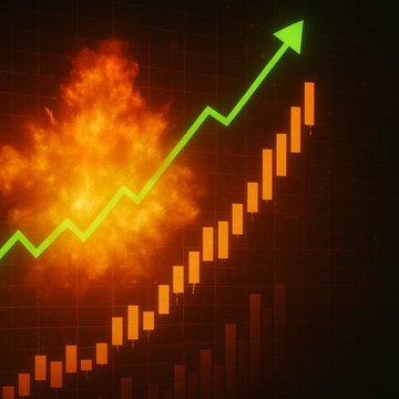 A financial graphic depicting a glowing green upward zigzag arrow and rising orange bar charts, with an explosion of fire erupting in the background against a dark grid.