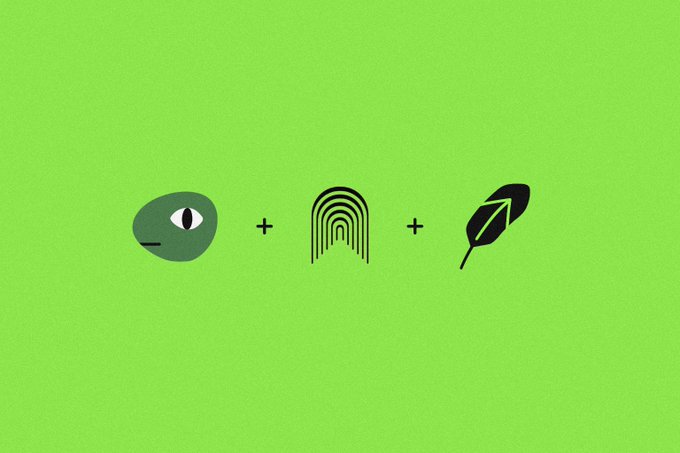 A minimalist graphic on a green background shows an eye, plus sign, fingerprint, plus sign, and leaf icon, visually representing the post's call to visit morphora.xyz and "unlock something interesting" by combining vision, identity, and growth themes.