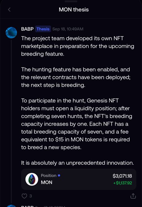 Screenshot of a Telegram or social media post from BABP dated Sep 18, 10:49AM discussing the MON project team's NFT marketplace and breeding feature, with a price widget showing a MON position worth $3,071.18 (+$1,137.92).
