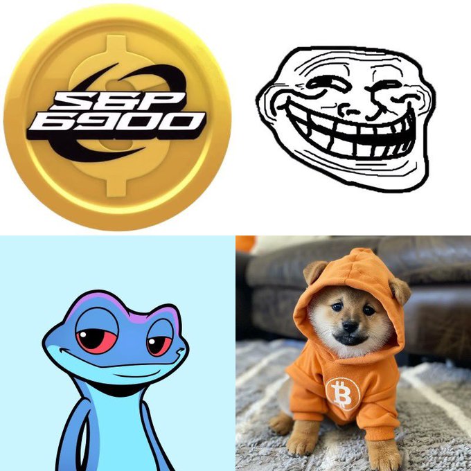A four-panel meme features a gold "S&P 6900" coin, the classic Trollface, a smug teal cartoon frog, and a Shiba Inu puppy in a Bitcoin hoodie—representing different crypto community archetypes (promoters, trolls, smug holders, and loyal Bitcoiners) being asked which meme coin to buy.