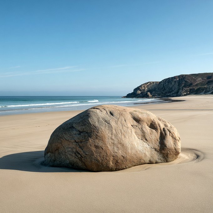 Photograph of a large, pockmarked boulder resting on a sandy beach with gentle waves and a rocky cliff in the background under a clear blue sky.