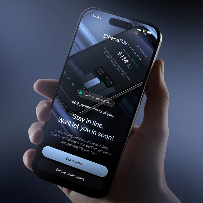 A hand holds a smartphone displaying the EthenaPay app waitlist screen, which shows a balance of $114.52 and notifies the user: "You're on the waitlist! 409 people ahead of you. Stay in line. We'll let you in soon!" with options to "Got a code?" or "Enable notifications." This directly supports the post by promoting the EthenaPay waitlist download at pay.ethena.fi/download, encouraging users to join and enable notifications for upcoming onboarding.