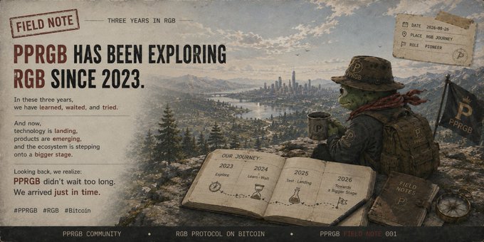 A 'Field Note' titled 'PPRGB HAS BEEN EXPLORING RGB SINCE 2023' features an explorer with a Bitcoin flag overlooking a city, with text detailing their three-year journey including launching tech products in 2026.