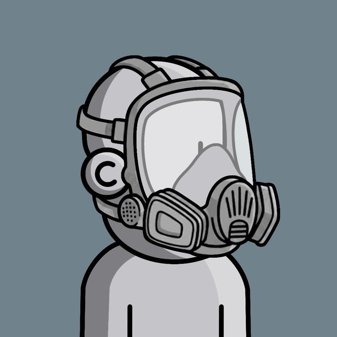 A cartoon-style illustration shows a figure wearing a large gray hazmat-style gas mask with dual filter canisters and a clear visor, set against a muted blue-gray background. The image aligns with the post's "NPC" theme, depicting a faceless character reminiscent of a post-apocalyptic survivor or "stinker" NPC NFT being launched on @npconchain.