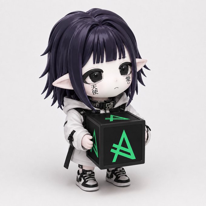 A 3D chibi-style figure of a pale elf-like character with dark purple hair, facial tattoos reading '天使' and '愛', holding a black cube with a green triangle symbol, wearing a white hoodie.