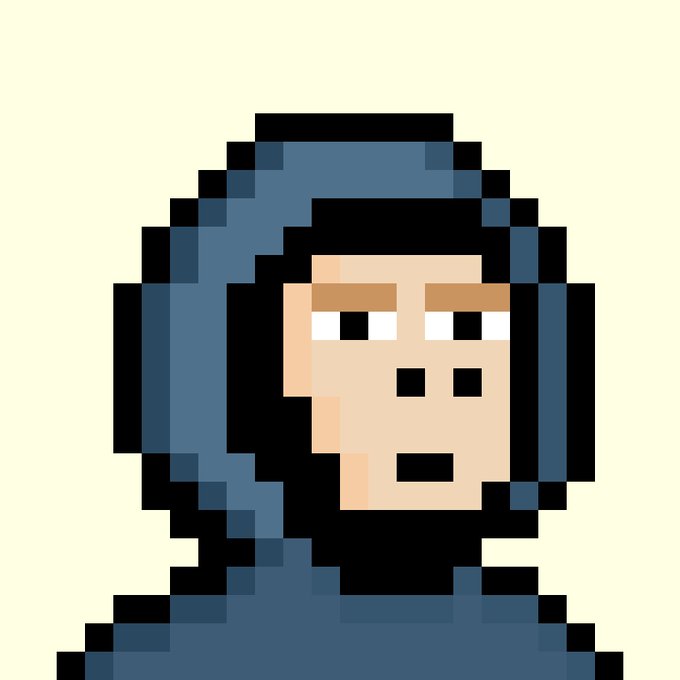 A simple, classic-style pixel art portrait of a character with a neutral expression wearing a dark blue hood against a pale yellow background.
