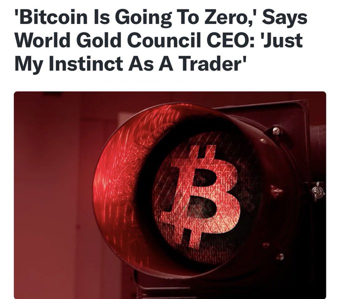A news graphic features the headline "'Bitcoin Is Going To Zero,' Says World Gold Council CEO: 'Just My Instinct As A Trader'" above a red-lit Bitcoin symbol.