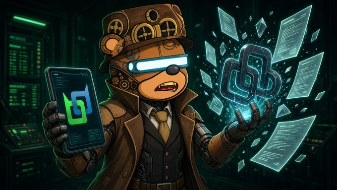 A steampunk-style anthropomorphic bear character in a top hat and goggles holds a smartphone displaying a logo, while conjuring floating documents and a glowing tech symbol in its other hand.