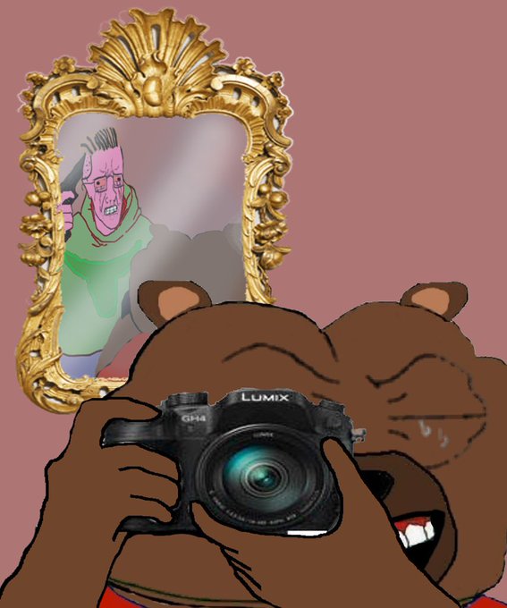 The image features a cartoon bear holding a camera, taking a picture of himself in a mirror. The caption for this image reads "Say cheese!". The background of the image has a pink wall with gold accents, which complements the overall color scheme of the image and adds an artistic touch to it.