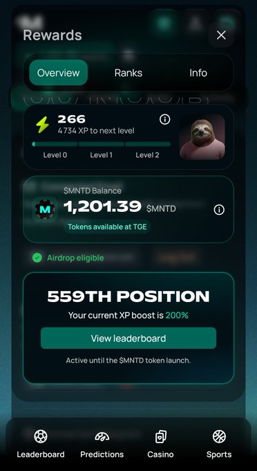A mobile app rewards screen showing 266 XP at Level 0, a $MNTD balance of 1,201.39, 559th position with a 200% XP boost, and navigation tabs for Leaderboard, Predictions, Casino, and Sports.