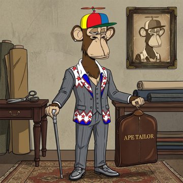 A digital illustration of a Bored Ape-style monkey character dressed as a tailor, wearing a propeller beanie and suit, standing next to a garment bag labeled 'APE TAILOR'.