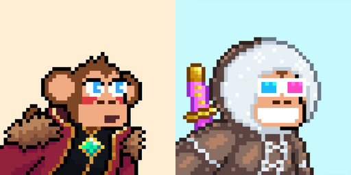 Pixel art of two fantasy characters: a brown monkey-like mage in red robes with a staff, and a furry creature with a white afro holding a golden sword.