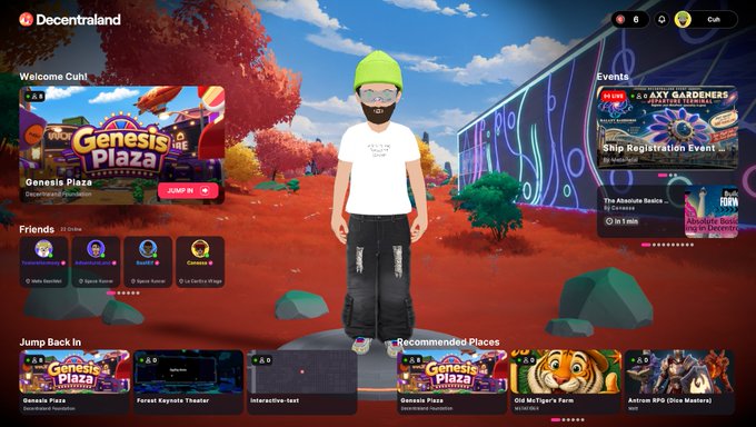 A screenshot of the Decentraland virtual world interface showing an avatar with a green beanie standing in Genesis Plaza, with event listings including 'AXY Gardeners Meet' and 'Ship Registration Event'.