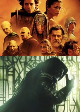 A promotional poster collage for "Dune" films featuring key characters including Paul Atreides (Timothée Chalamet), Chani (Zendaya), and Baron Harkonnen (Stellan Skarsgård) above a menacing figure in dark armor, complementing the article about betting odds for "Dune 3" versus "Avengers: Doomsday."