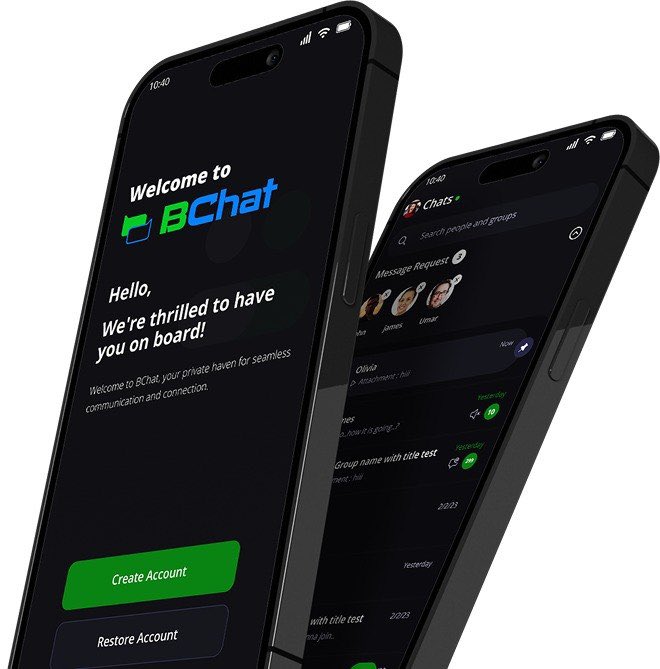 Two smartphones display the BChat app interface, with the foreground phone showing a "Welcome to BChat" onboarding screen featuring "Create Account" and "Restore Account" buttons, while the second phone reveals the main chats menu with a search bar and message request section, visually illustrating the app's identity-based setup process highlighted in the accompanying post.