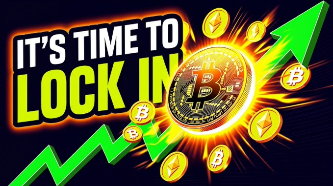 The image is a bold YouTube thumbnail featuring the text "IT'S TIME TO LOCK IN" alongside a large golden Bitcoin coin, green upward arrows, and Ethereum coins radiating energy. It visually reinforces the post's message about Bitcoin and crypto holders potentially gaining significant wealth, with the "lock in" call-to-action urging viewers to commit to crypto before prices rise further.