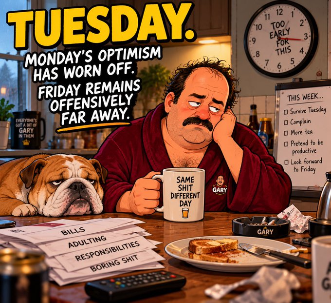 A cartoon illustration humorously depicts a man in a red robe named Gary looking despondent on a 'TUESDAY,' sitting at a table with a bulldog and holding a 'SAME SHIT DIFFERENT DAY' mug.