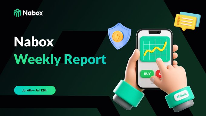 A promotional graphic for 'Nabox Weekly Report' covering 'Jul 6th - Jul 12th', featuring 3D hands holding a smartphone displaying a stock chart and a 'BUY' button.