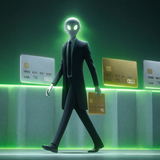 A glowing green-eyed figure in a black suit strides confidently while carrying a gold card, flanked by floating silver and gold credit cards in a neon-lit space. The image symbolizes the post's themes of AI-driven crypto market growth and the instability of traditional banking, as highlighted by @BitMartExchange's shutdown and a small bank failure.