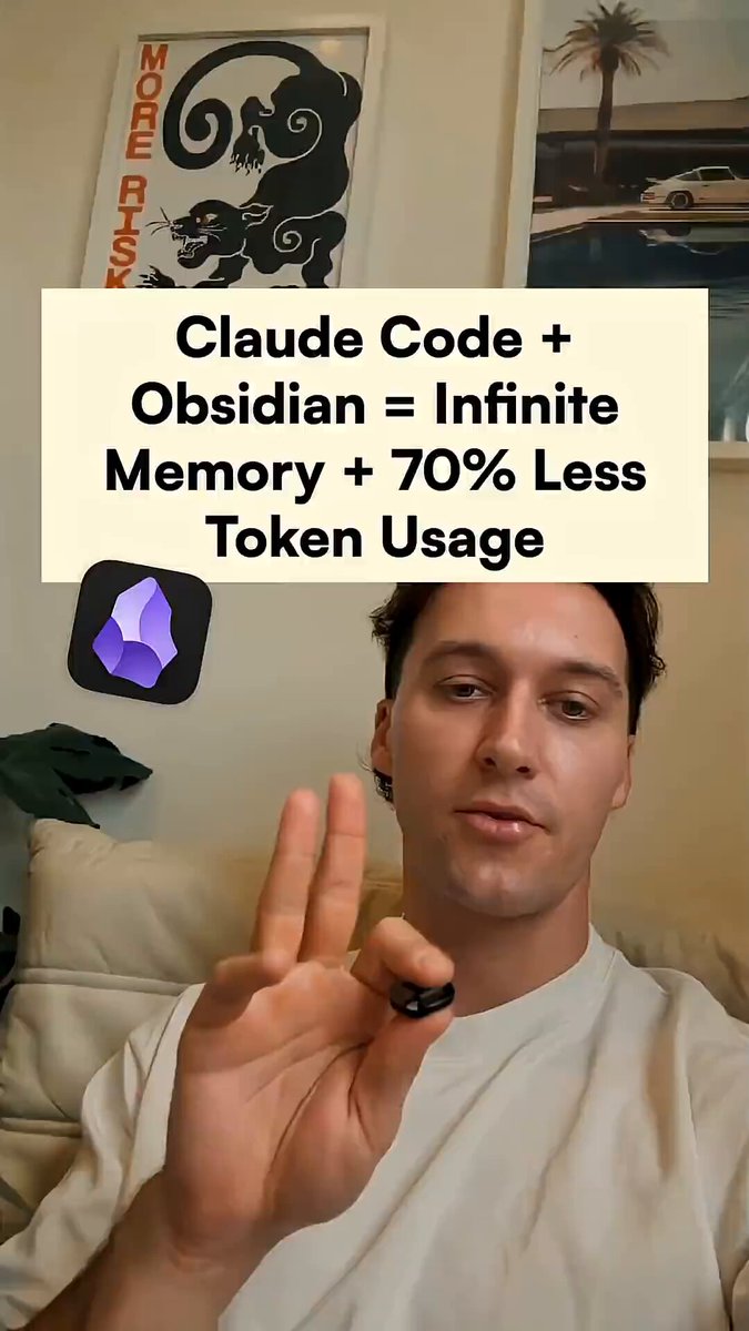 A man wearing a white t-shirt is shown giving the peace sign with his fingers, which has been edited to incorporate the Claus Code and use 70% of its token usage. The text above him reads, "THIS GUY CUT CLAUDE TOKEN USE BY OBSIDIAN simple trick, but most builders still don'T do it they keep pasting the same project context into Claude again and again: - product idea  - folder structure - API docs - old decisions ... +". The image also contains a small amount of text above the man's head that reads, "Claus Code + Obsidian = Infinite Memory + 70% Taken Usage", which suggests that this is an attempt at a magic trick or code that uses ClausCode and an obscure object called Obsidian.