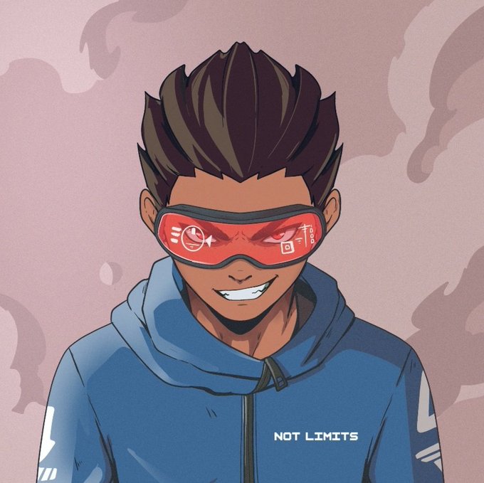 An anime-style illustration of a young man with spiky brown hair wearing red goggles with symbols and a blue hoodie that reads 'NOT LIMITS'.