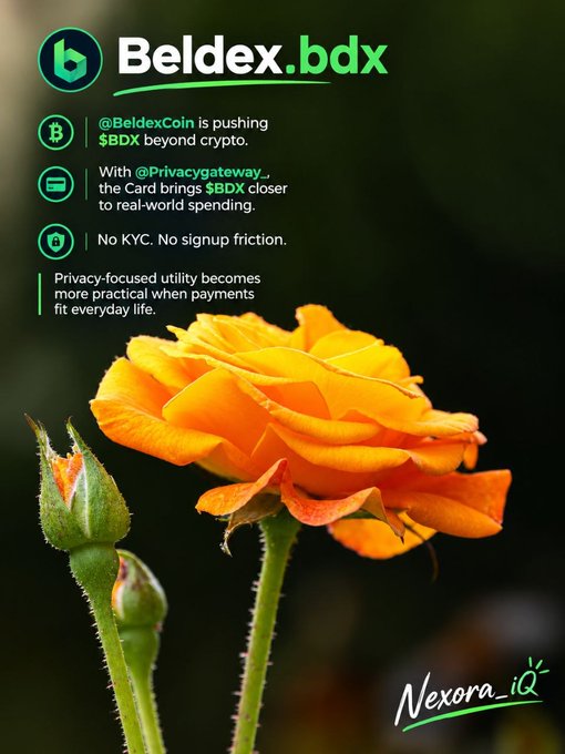 A graphic for 'Beldex.bdx' promoting $BDX as a privacy-focused utility, with text noting its partnership with @Privacygateway and its goal of real-world spending, set against a backdrop of an orange rose.
