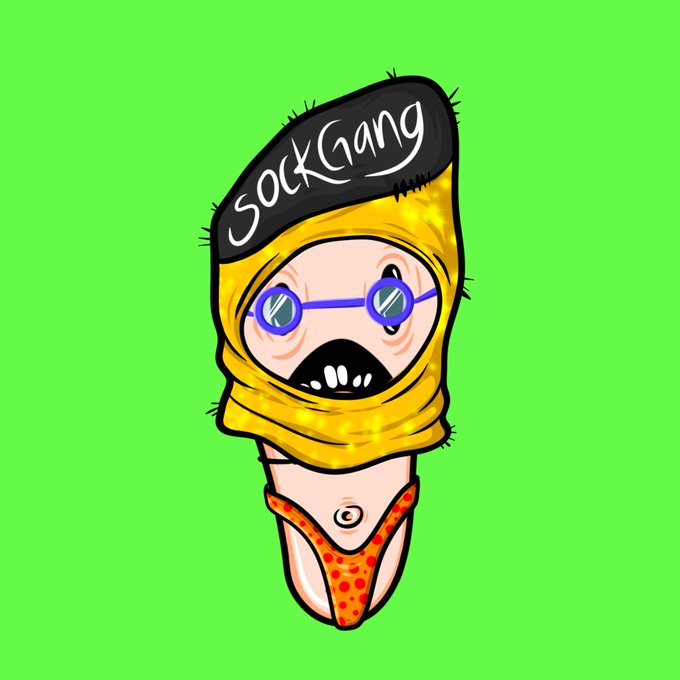 A cartoon NFT-style illustration of a character wearing a yellow hooded garment with 'SockGang' written on the black head covering, blue sunglasses, and orange underwear, set against a bright green background.