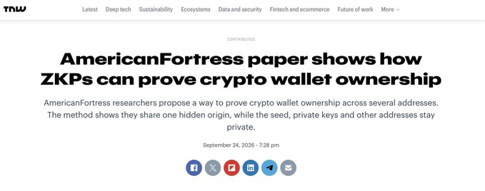 A screenshot of a TNW article titled 'AmericanFortress paper shows how ZKPs can prove crypto wallet ownership,' dated September 24, 2026, discussing how researchers propose a way to prove wallet ownership across addresses while keeping seed and private keys private.