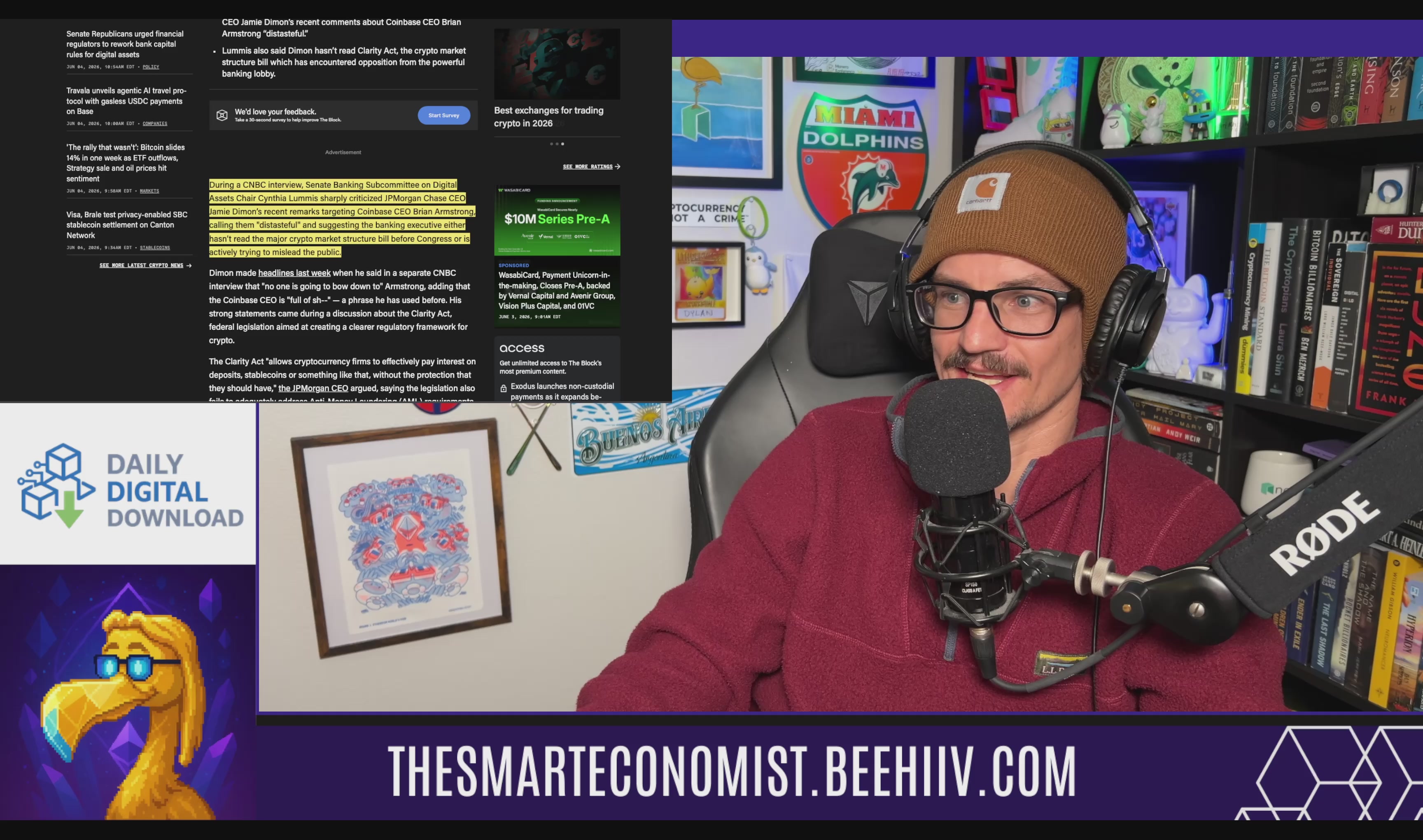 The image shows a man wearing glasses sitting behind a microphone with his hands on his knees while talking into it. The background of the image features a wall adorned with various posters and pictures, creating an artistic atmosphere. There are also several books scattered around the room, indicating that this might be a space for creative work or study. The post in question is titled "DDD (6/4): Bessent Backs Summer CLARITY Push, HYPE Flips SOL on Price". This post seems to be discussing an event related to the price of something called "Bessent" and how it has been affected by a recent change in the market.
